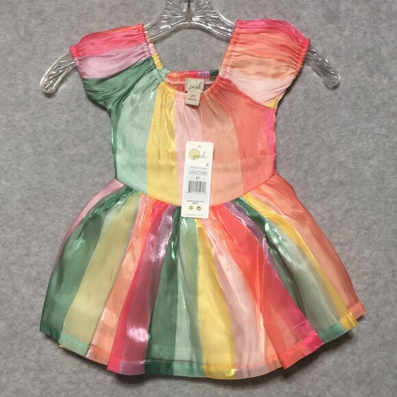 Peek Aren't You Curious Toddler Girls 2T Rainbow Stripe Smocked Puff Sleeve Dres - Picture 1 of 8